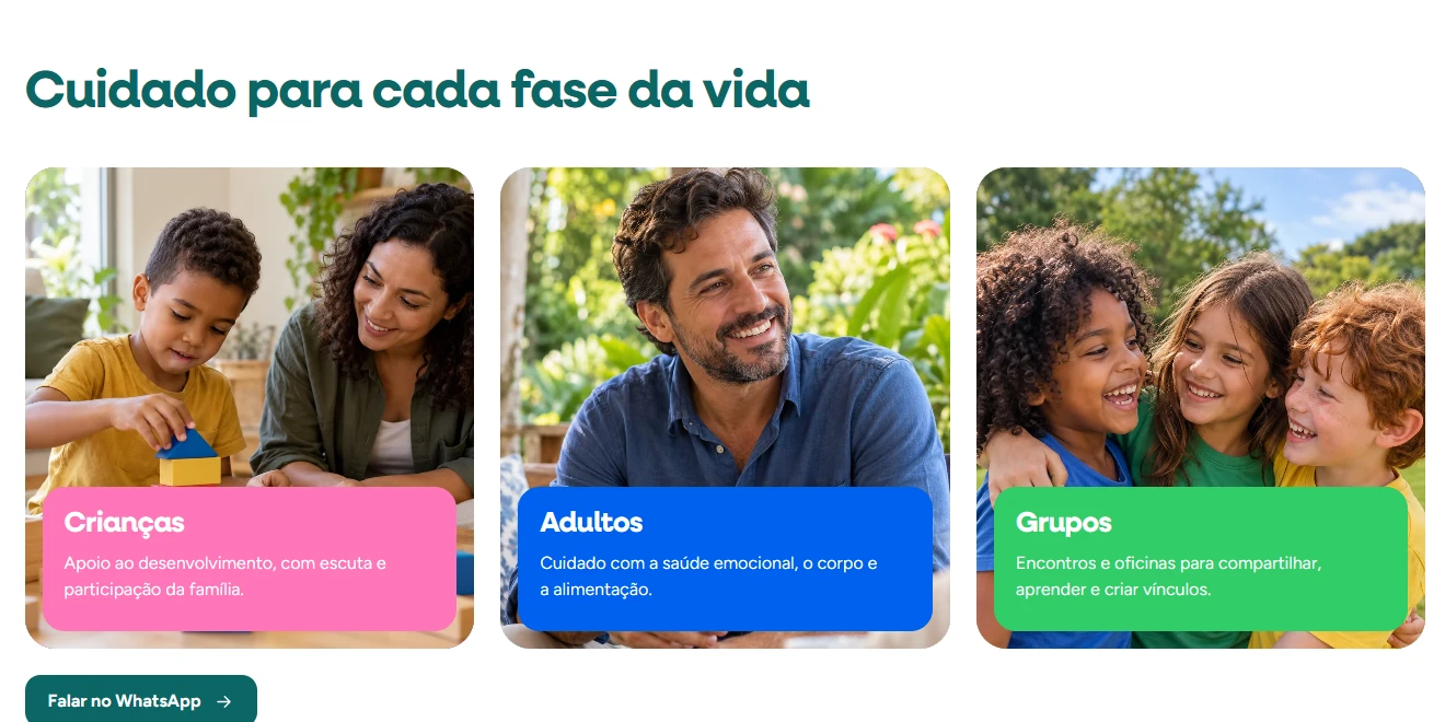 Cards de atendimento para crianças, adultos e grupos