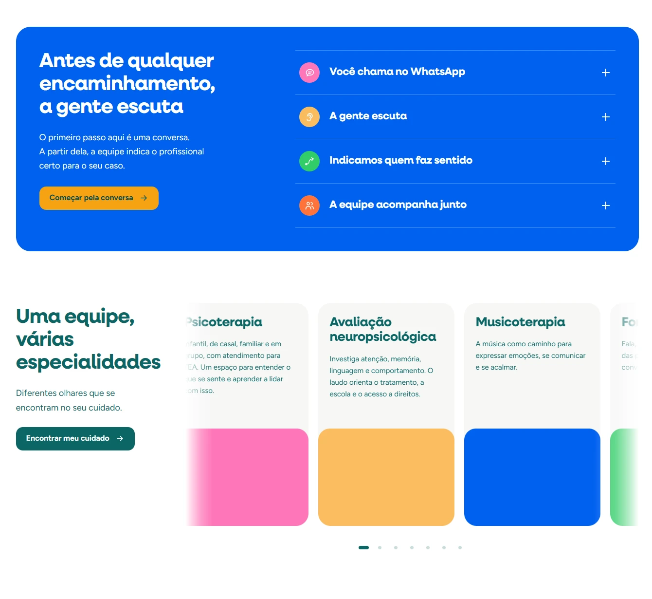 Seções de acolhimento e especialidades da clínica