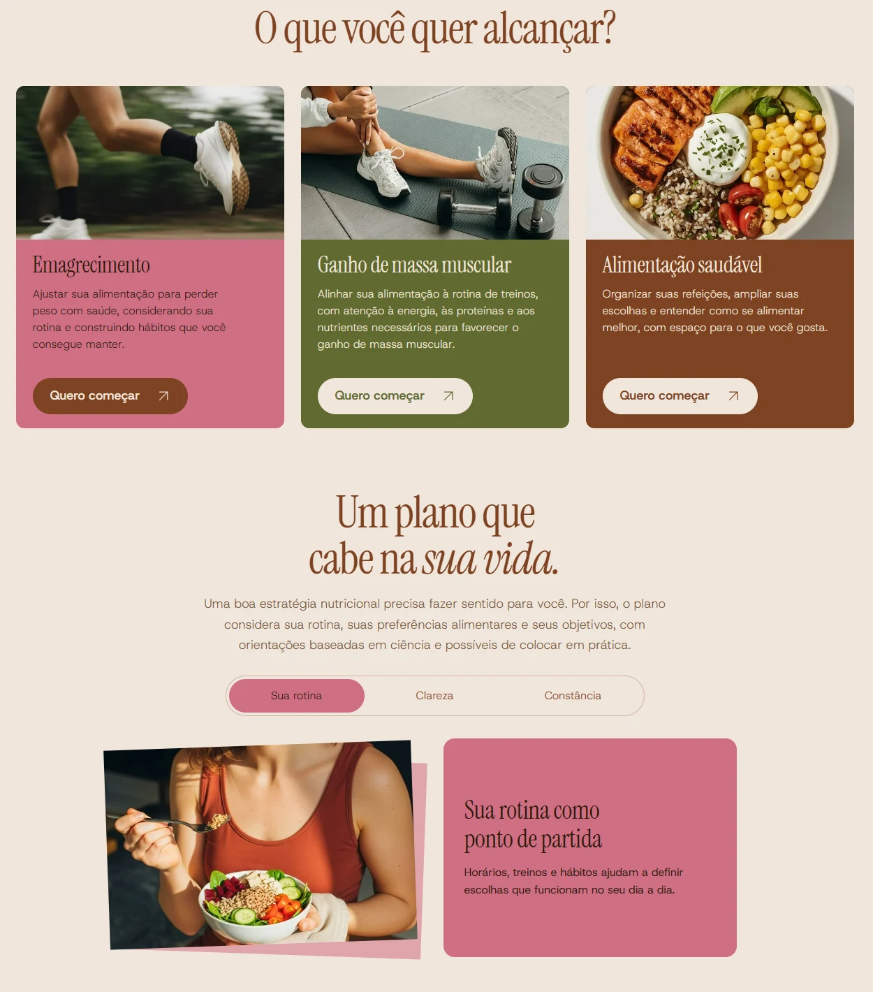 Detalhes dos objetivos e da seção Um plano que cabe na sua vida