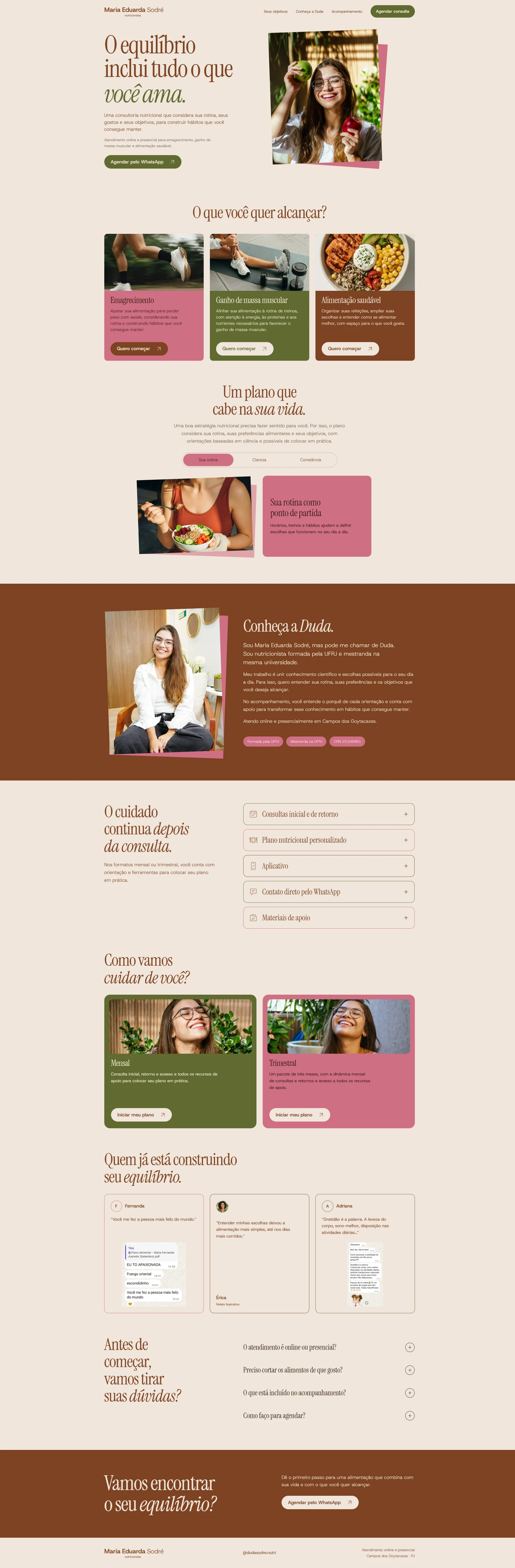 Página do site Duda Sodré, da apresentação aos formatos de acompanhamento