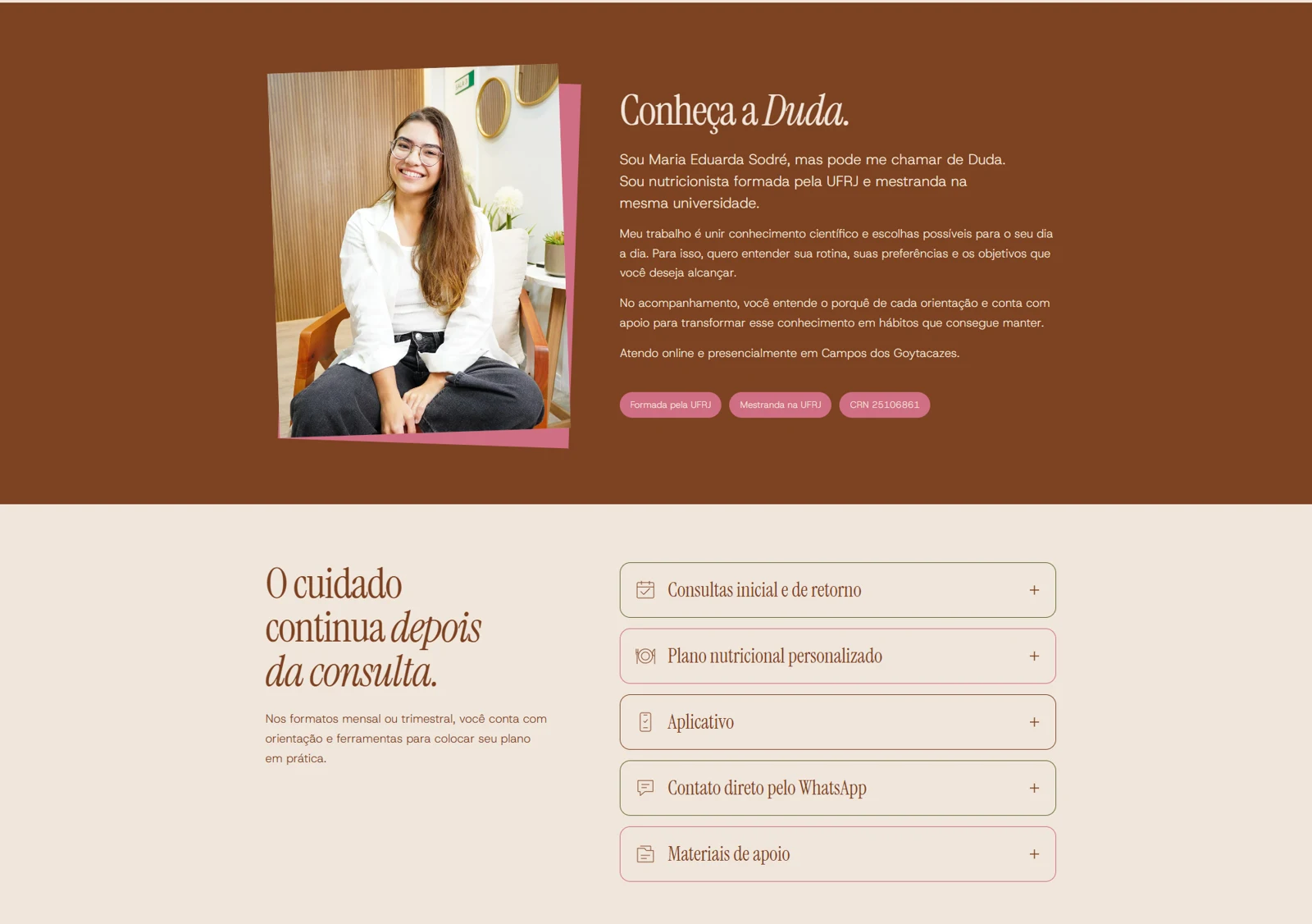 Seções Conheça a Duda e recursos do acompanhamento